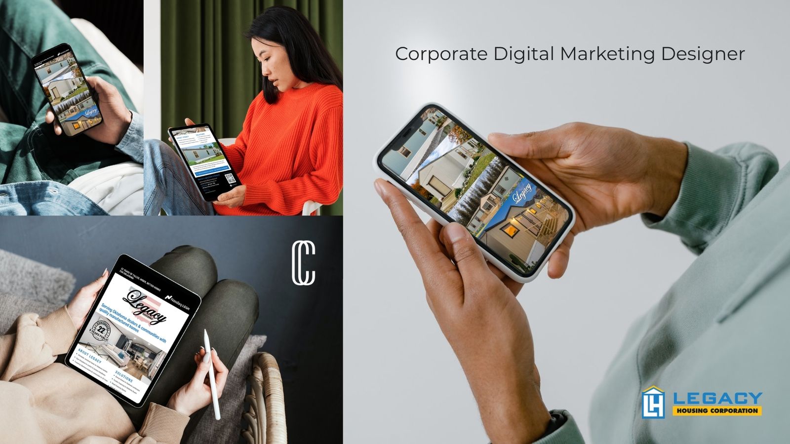 Legacy Housing digital catalog and mobile designs by Carolina Cravens on phones and tablets